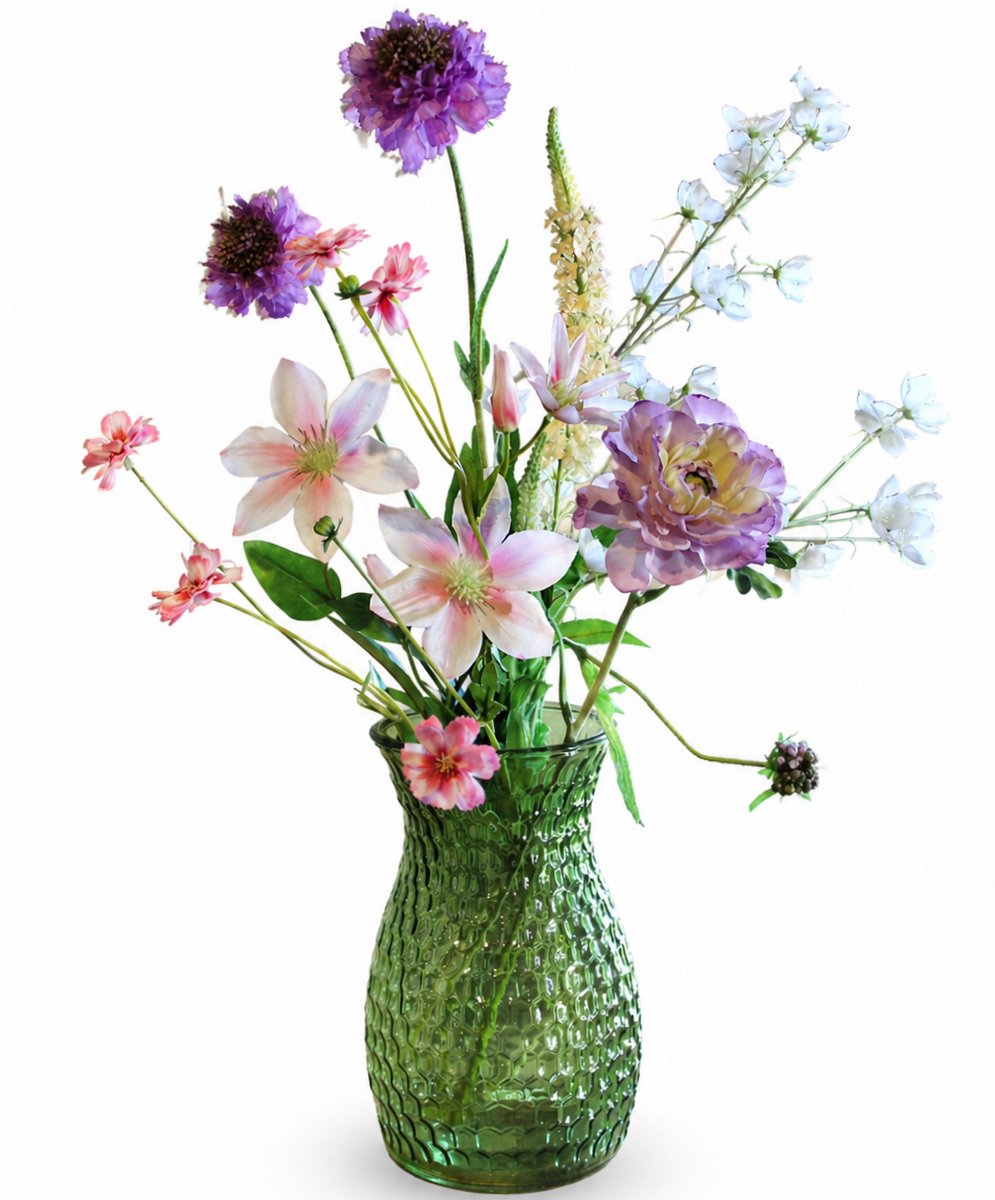 Kunstbloemen - Zijden Bloemen Boeket - Veldboeket - 60cm hoog - 7 Stelen - Zomers Geplukt - Gerbera - Anemoon - Clematis - Cosmea - Lente - Voorjaar - Nepbloemen