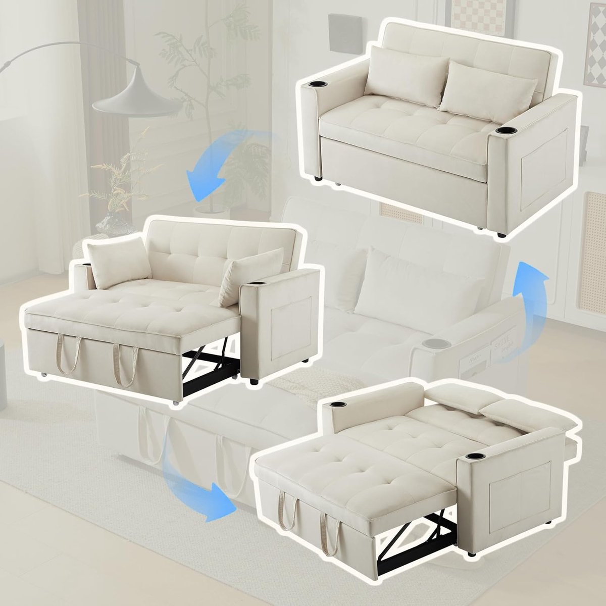 2-zits slaapbank uitklapbaar 139 x 73 x 83 cm – multifunctionele 3-in-1 slaapbank met slaapfunctie 137x163 cm, USB-oplaadpoort, bekerhouders en opbergtas – fluweel velvet beige compacte bank voor kleine woonkamer – HomebyNicole