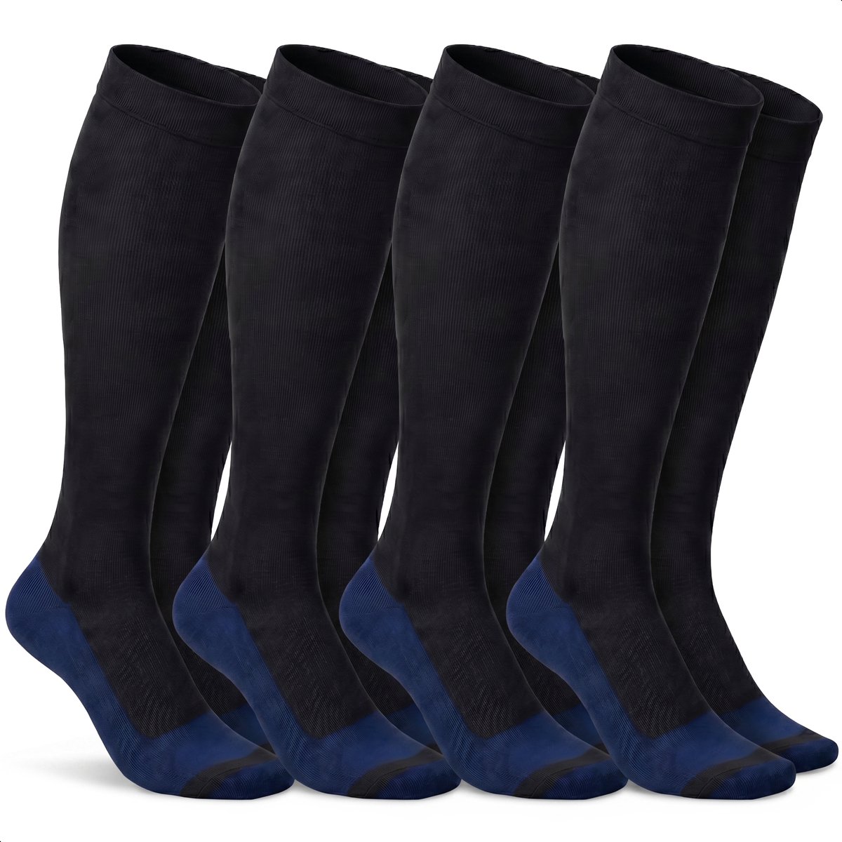 Alyze Compressie kousen - 4 paar - Maat 39-42 - Hoog - Sokken voor mannen & vrouwen - Steunkousen - Doorbloeding, Hardlopen, Vliegtuig, Bed - Zwart + Blauw