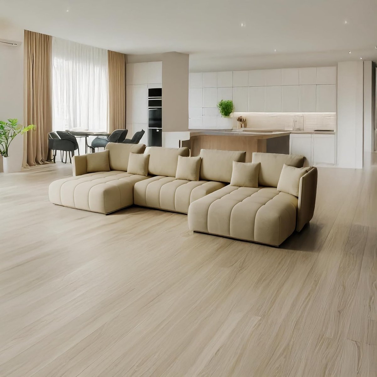 U-vormige slaapbank met opbergruimte en uittrekbare bedfunctie – Grote hoekbank 346 x 188 x 93 cm – Luxe velvet sofa met T30-schuim, bedlade en comfortabele chaise longue – Beige Monolith 04 – HomebyNicole
