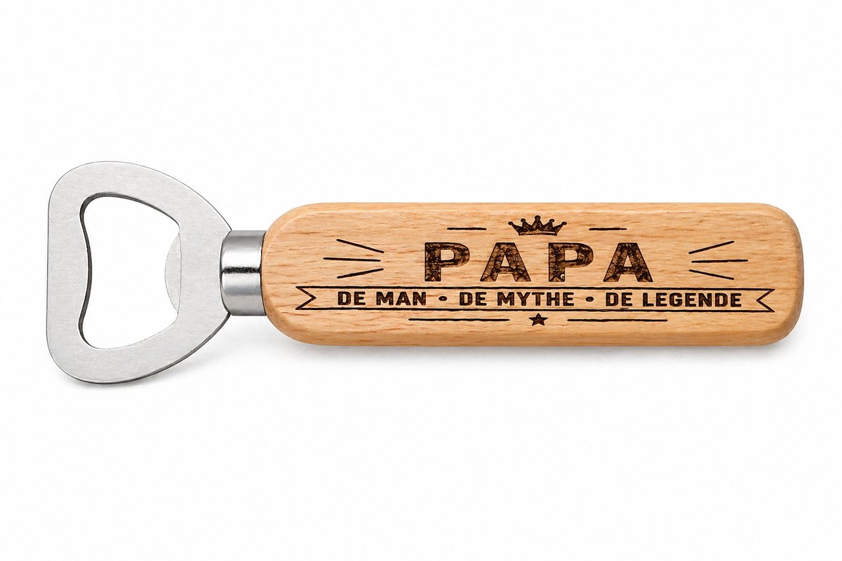 Gegraveerde Bieropener Papa – De man, de mythe, de legende – Cadeau voor Vaderdag | Maatwerk mogelijk