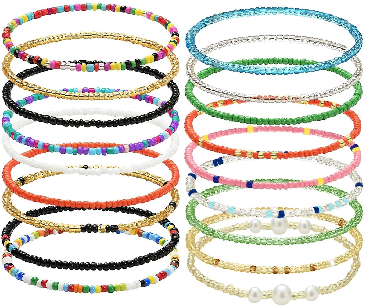 Allecto - Enkelbanden voor vrouwen - Kralen enkelarmbanden - 18 stuks kleurrijke variaties - Groot formaat - Perfect voor elke gelegenheid - Geschi...