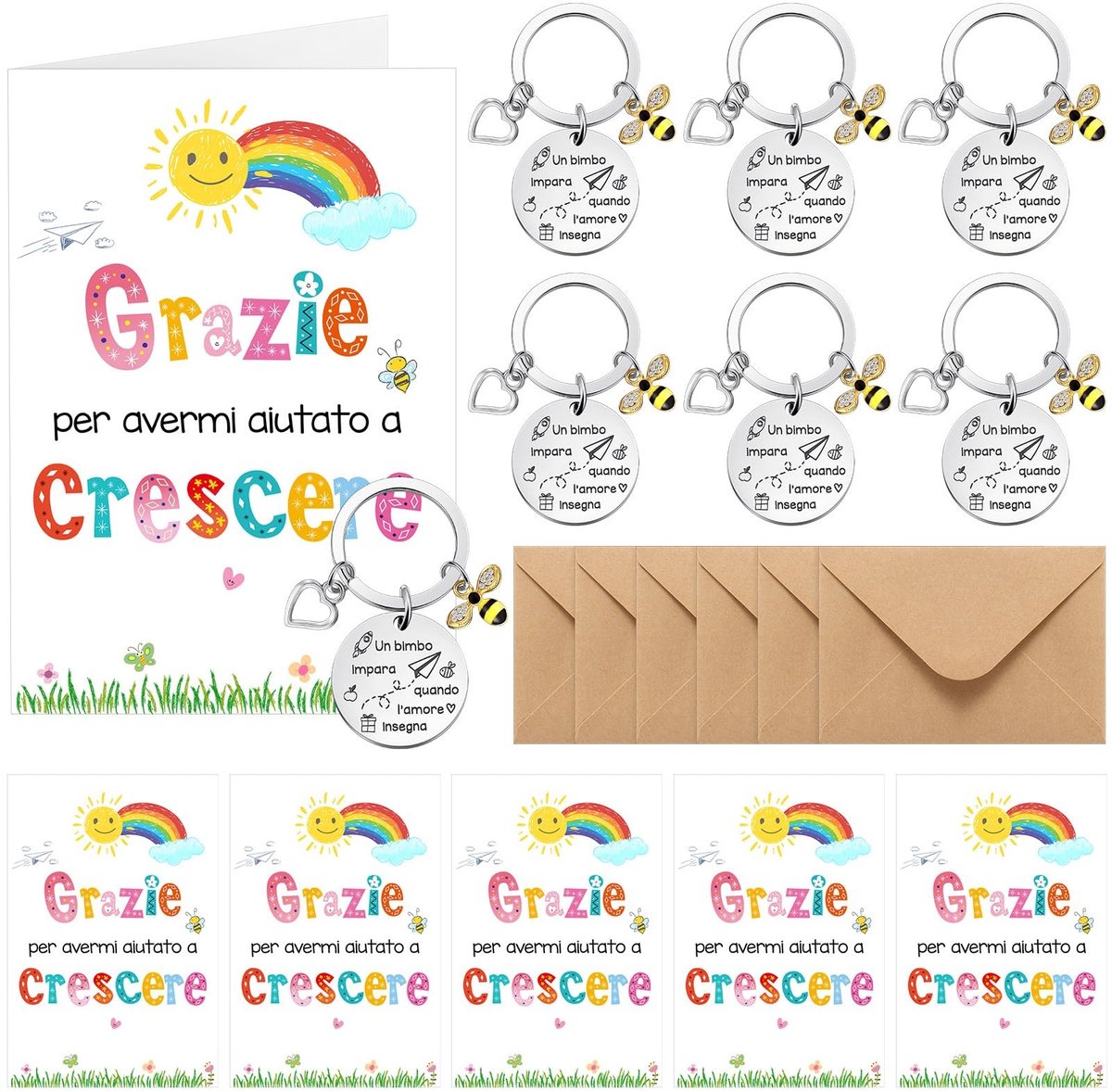 Allecto - Bedankcadeaus voor Lerares - Einde van het Schooljaar - Sleutelhangers en Wenskaarten - Uniseks - Basisschool - Regenboogmotief - 6 Sets