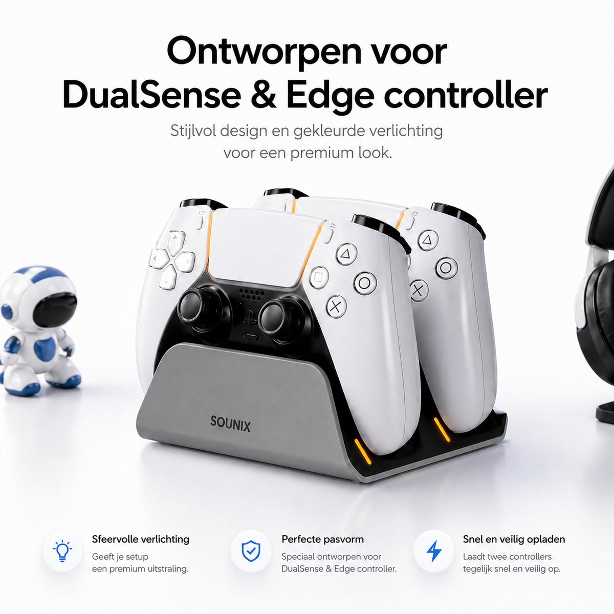 Sounix Oplaadstation geschikt voor PS5 / PS5 Slim / PS5 PRO / DualSense Controller - PS5 accessoires - Dual Oplader - Charging Dock- Grijs – foto 6