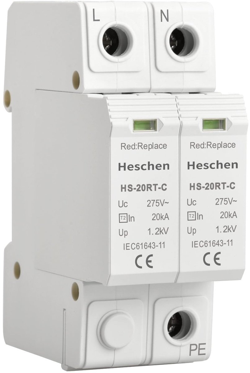 SnelShoppen - Overspanningsbeveiliging SPD, 2P 275VAC 20KA, Vervangbare Overstroomzekering, Laagspanning, Brandwerend, 35mm Din Rail Bevestiging
