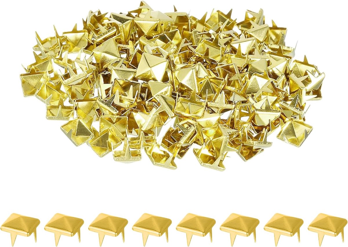 WedDecor 100-stuks Vierkante Piramidestuds – 8 mm Gouden Punk-spikes, Klinknagels met 4 Pootjes, Metalen Leerstuds – Ideaal voor het decoreren van riemen, tassen, schoenen, lederwaren en punk- & gothic-modeaccessoires