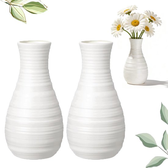 2 stuks - Vaas - Plastic vaas - Kunstvaas - Bloemenvaas - Minimalistische vaas - Siervaas - Onbreekbaar - Vaas in Scandinavische stijl - Wit - 7x20,5 cm - Geschikt voor bruiloften, woonkamers en eetkamers