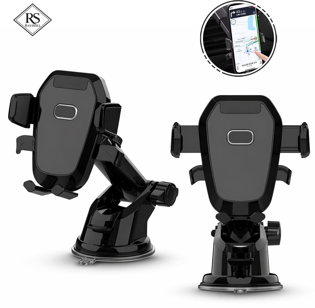 RaviSoll Telefoonhouder Auto – 3-in-1 Bevestiging – Dashboard, Raam & Luchtrooster – 360° Draaibaar – Sterke Zuignap – Universeel (5,5-9 cm) – Schokbestendig