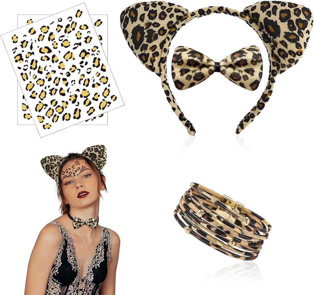 Leopard Print Kostuum Set met Haarbanden, Armbanden en Kunststickers voor Cosplay en Feestdecoratie