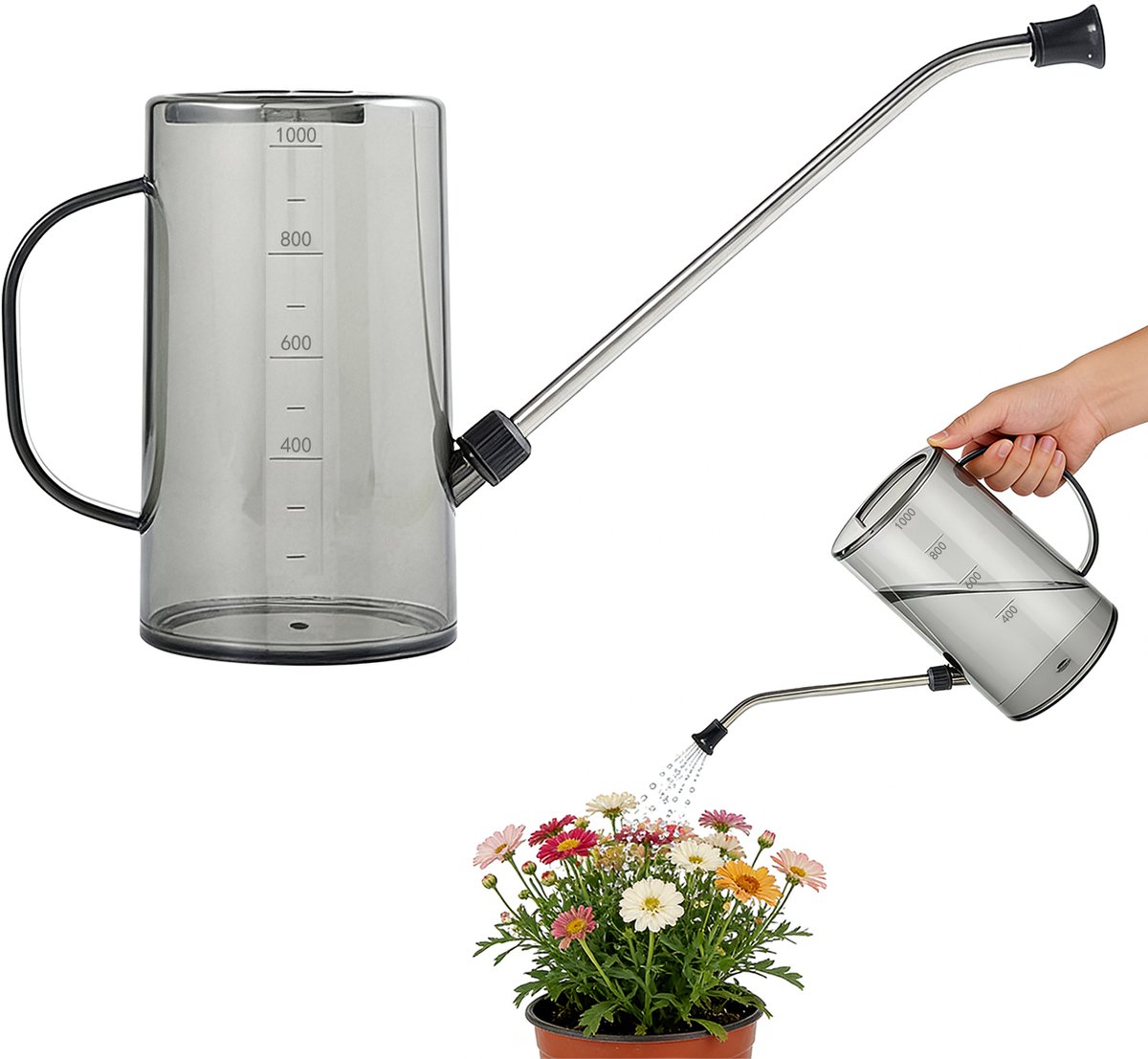 1000 ml Gieter – Ontwerp met lange tuit – Geschikt voor binnen- en buitenplanten, vetplanten en bloemen – Gieter met maatverdeling – Sproeigiet – Tuingereedschap en bewateringsset voor potplanten – Tuinbewateringsset – Maat S