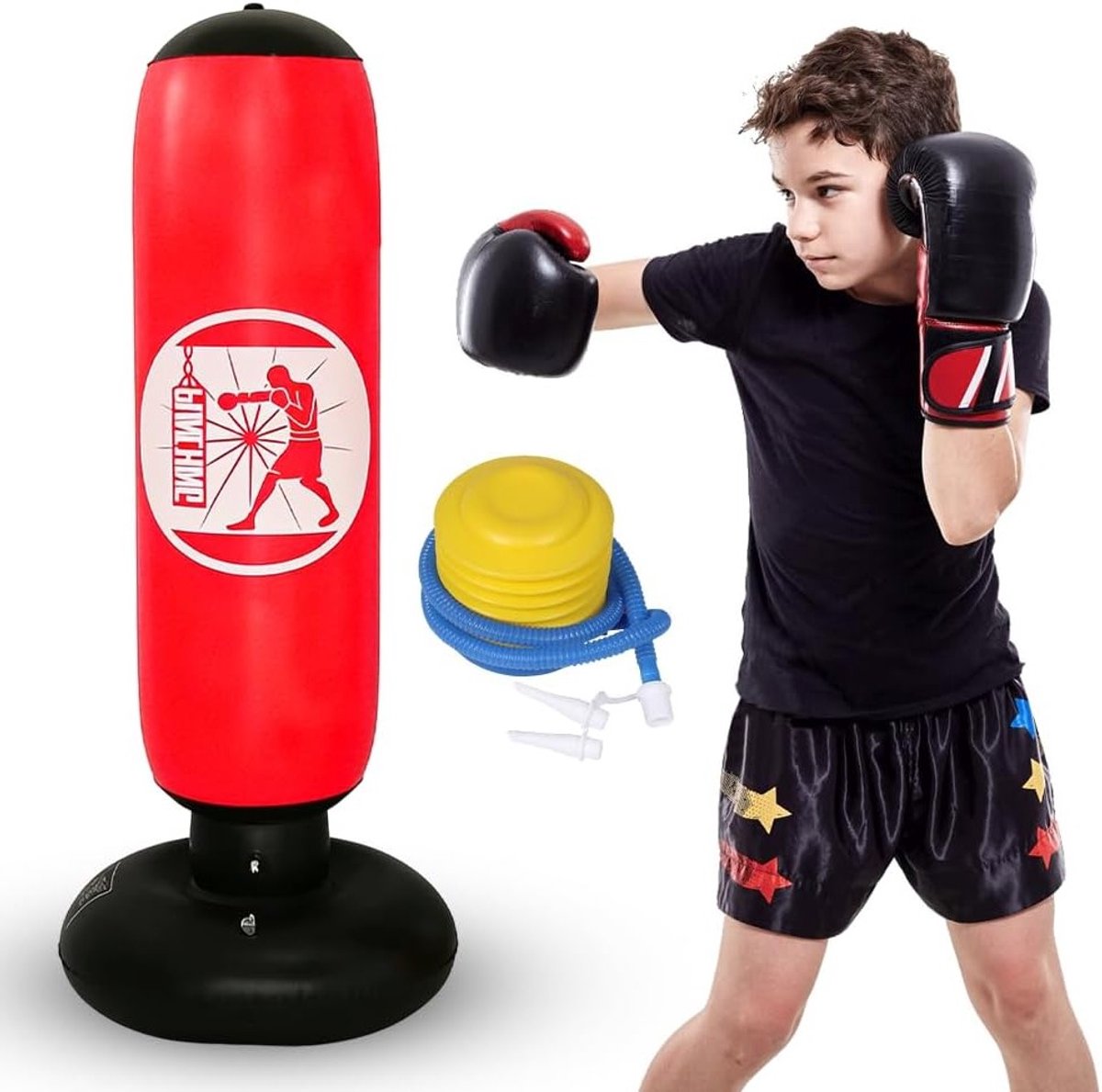 Verstelbare Opblaasbare Bokszak voor Kinderen van 6 tot 12 Jaar, Ideaal voor Karate, Kickboksen en Taekwondo, Inclusief Trainingshandschoenen en Perfect Cadeau voor Jongens en Meisjes