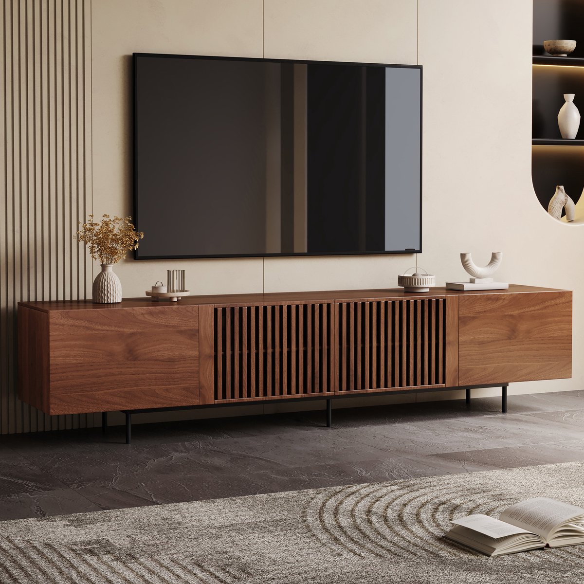 OleyLuckLive TV Meubel 240 cm Walnoot TV Kast voor 80+ inch TV, Modern TV Dressoir met Ruime Opbergruimte TV Lowboard voor Woonkamer en Slaapkamer
