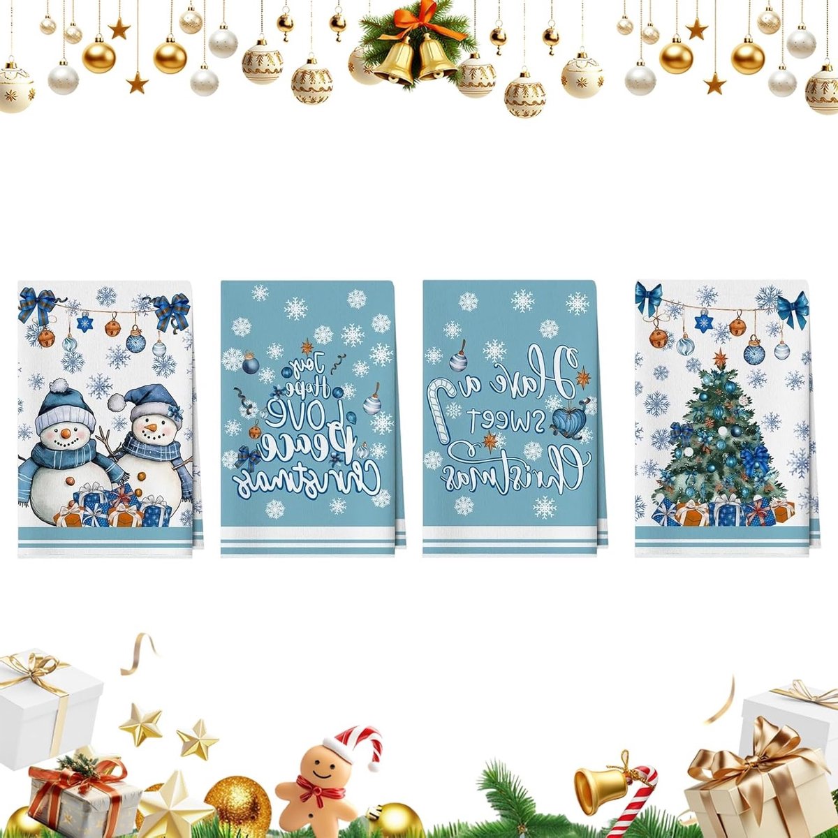 Set van 4 kersttheedoeken 40 x 60 cm, absorberend en sneldrogend, perfect voor de feestdagen