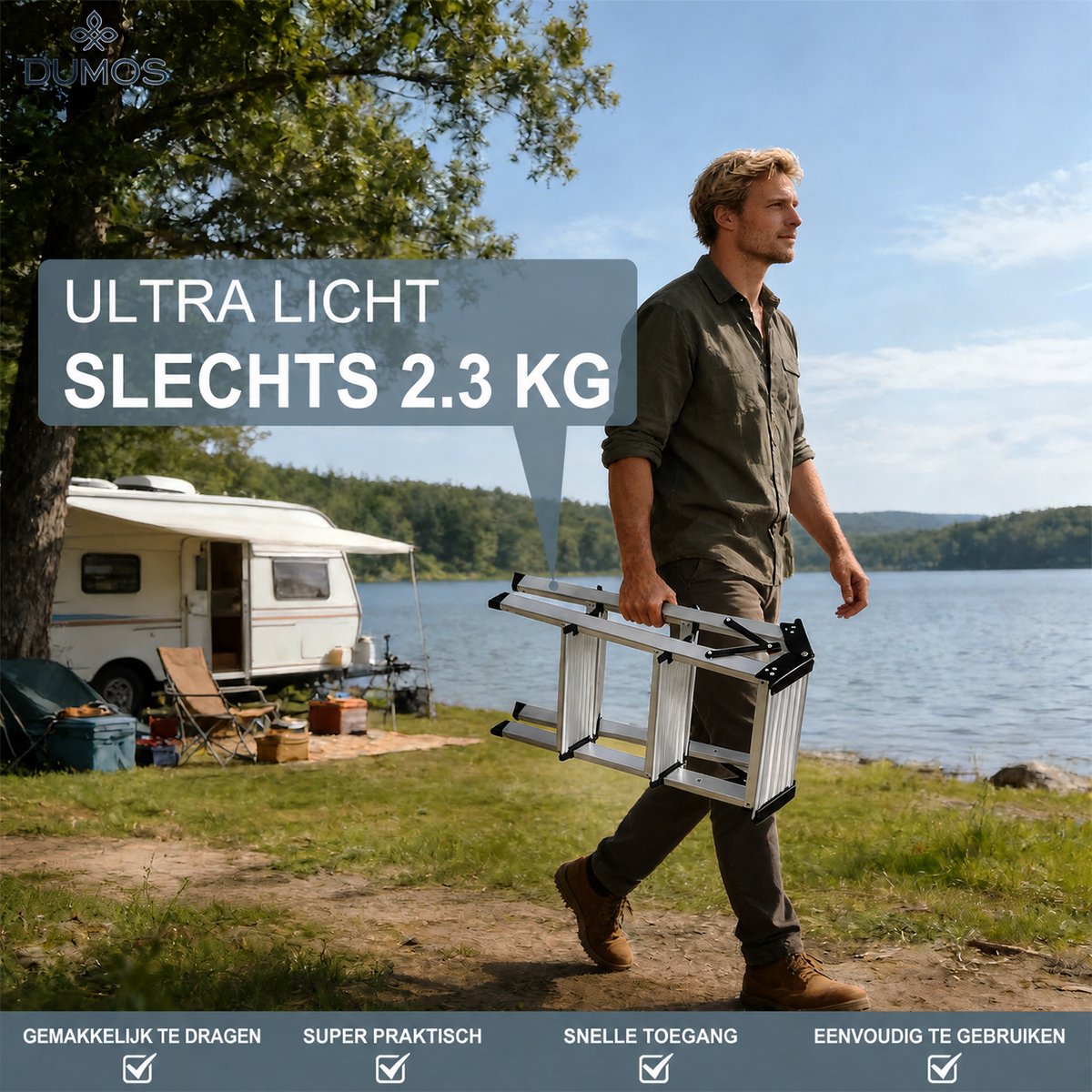 Aluminium Trapladder 3 Treden Dubbelzijdig Opvouwbaar – Huishoudtrap Breed 36,5 cm – Lichtgewicht Keukentrap – foto 8