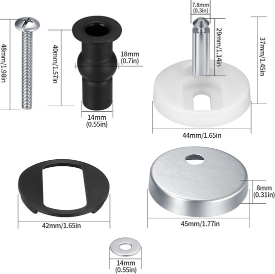 Afmetingen van de onderdelen voor een toiletbrilbevestigingsset: schroef, rubberen expansie, kunststof ring, metalen dop en metalen scharnier.