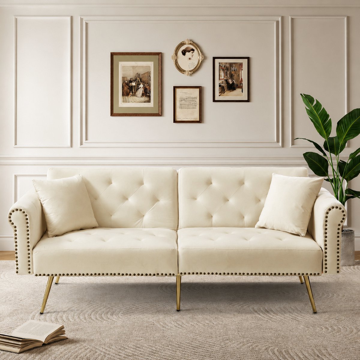 Slaapbank 2 Persoons - 2-zits Bank - Verstelbare rugleuning - met armleuningen - Multifunctionele slaapbank - Fluweel - Scandinavische stijl - Beige