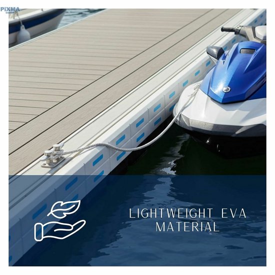 Grijze vlonder met witte rand en blauwe accenten, aangemeerd met een jet-ski. Tekst: LIGHTWEIGHT EVA MATERIAL.