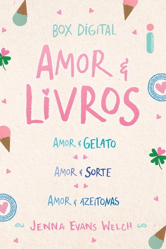 Digitale box met de titel 'Amor & Livros' in grote roze letters, omringd door ijsjes, klavertjes en decoratieve cirkels.
