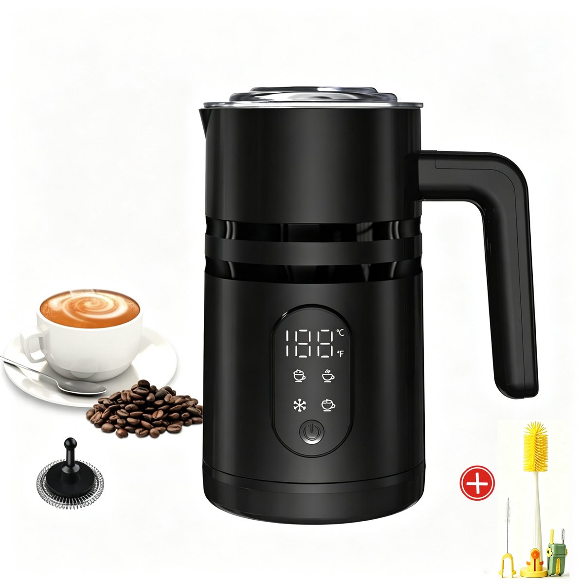 Elektrische Melkopschuimer – 100% PFAS-vrij – Display & Temperatuurregeling – 4-in-1 – 350ml – Warm & Koud Melkschuim – Met multifunctionele borstel-Zwart
