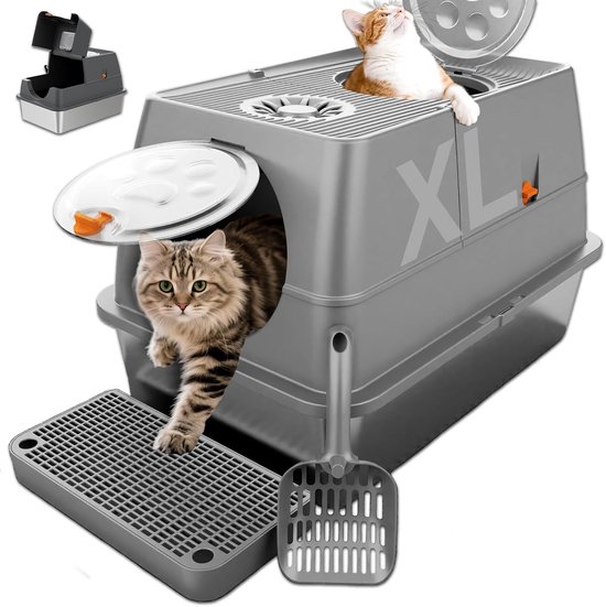 XL RVS Kattenbak met Deksel en Trap – Gesloten Kattenbak voor Alle Katten – Anti Geur & Anti Lek – Inclusief Koolstoffilter en Schep – Hygiënische Kattenbak van Roestvrij Staal – 60x40x39 cm