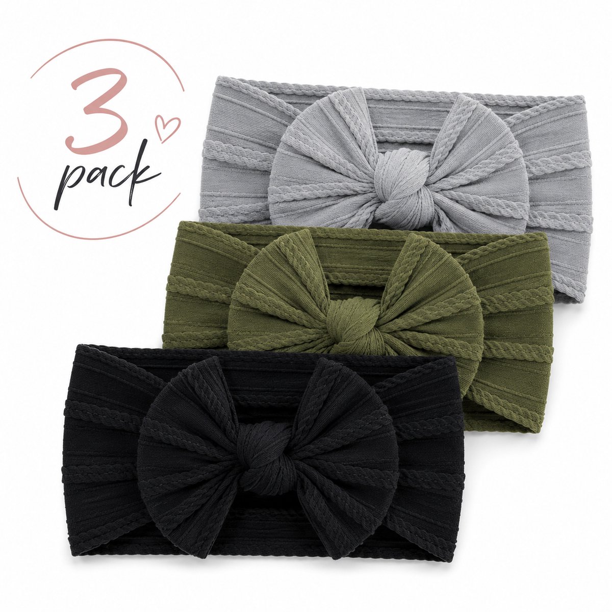 Haar in Stijl® Haarband Heidi 3 pack - Brede en zachte baby haarband met een strik - meisjes haaraccessoire knoopje geribbelde design cadeauset