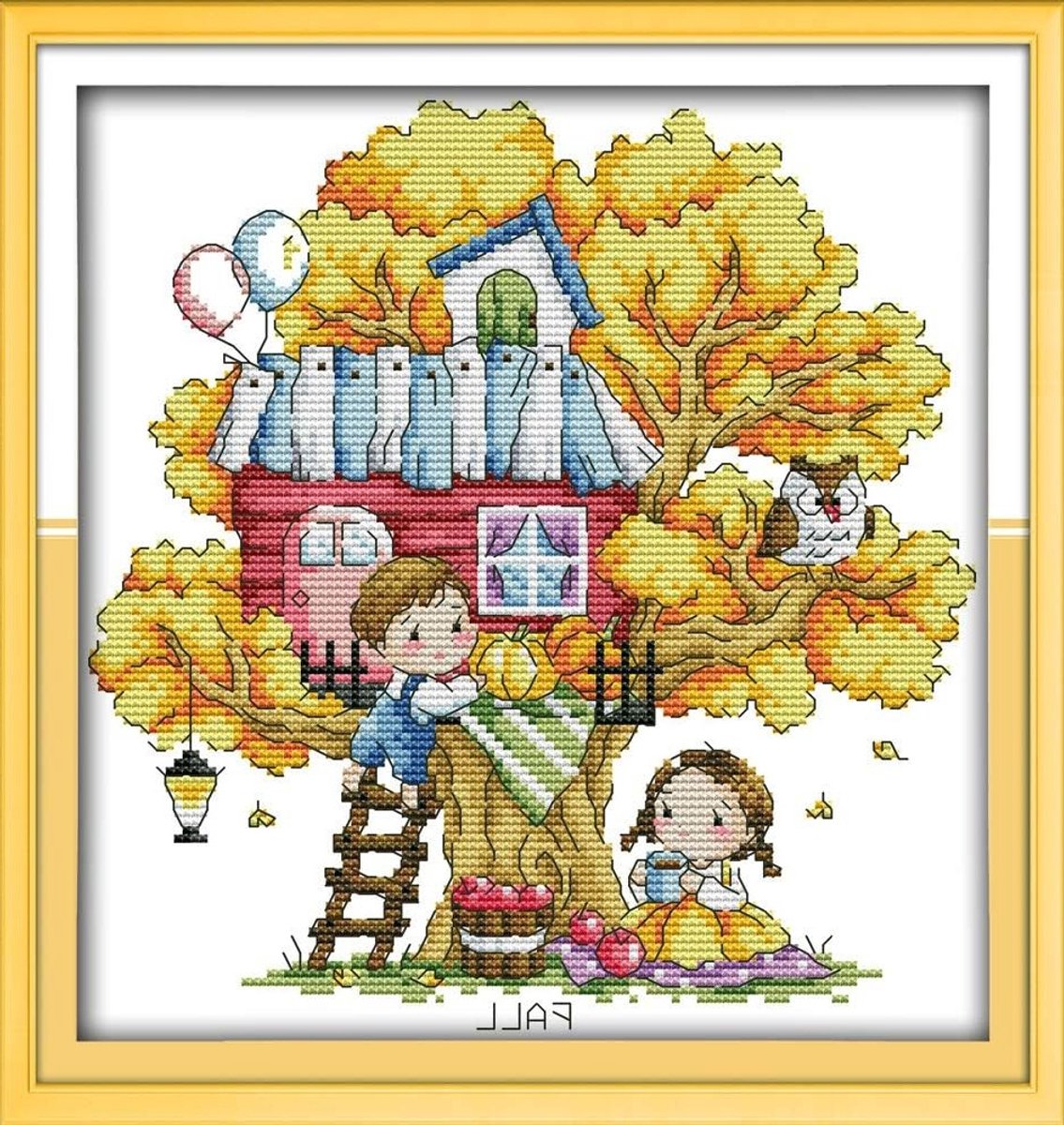 Geavanceerde kruissteekset voor kinderen - Herfstboom huis borduurpakket - Creatief handwerk voor kerstcadeaus in wit