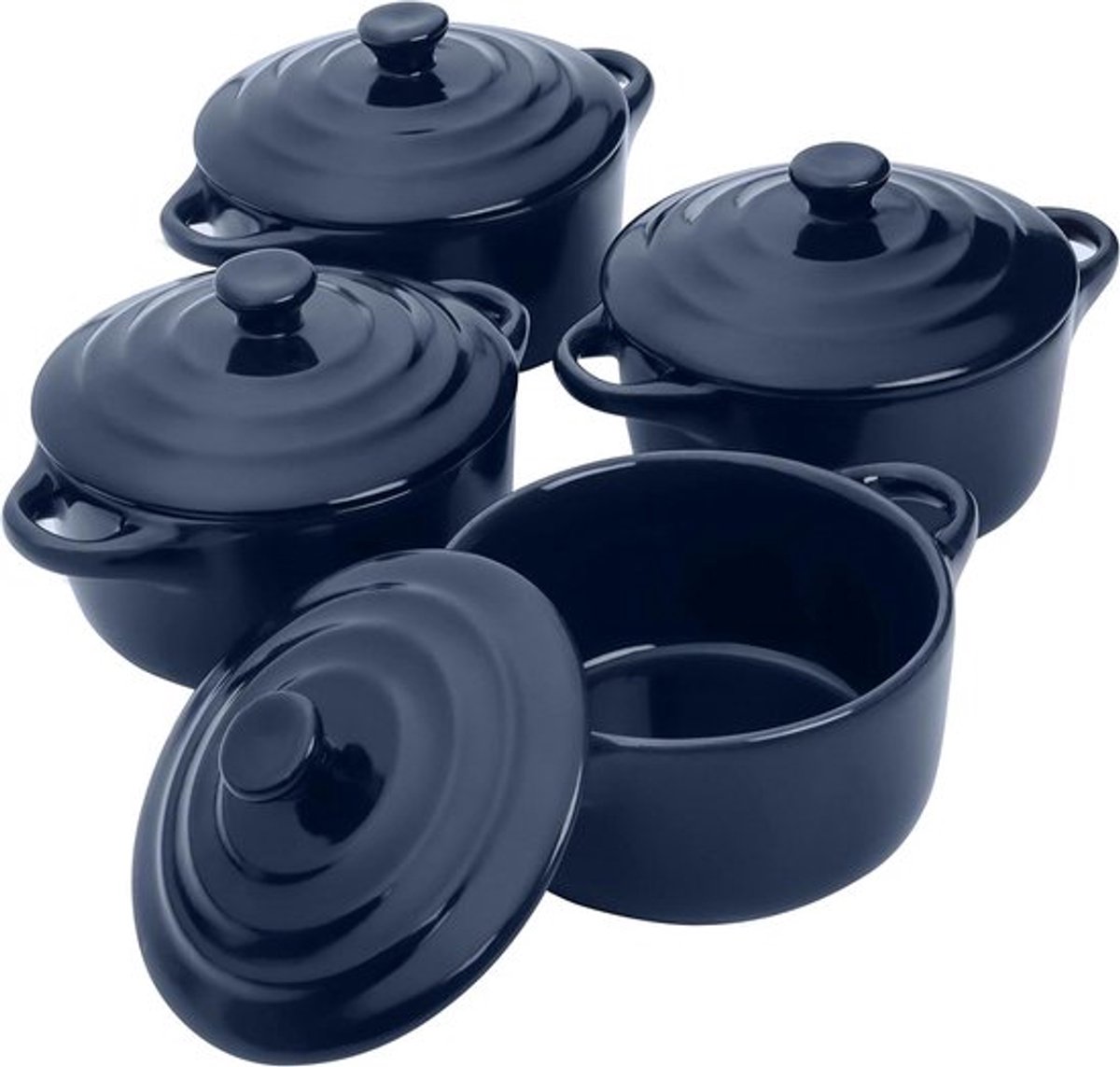 - Keramische Stoofpot - Oven Veilig - Blauw - Schoonmaken - Bakken - Geschikt voor Alle Warmtebronnen - Rond Pannetjes met Deksel (4 Stuks) – 170 ml Blauwe Steenwaren Ramequins met Handvatten voor Souffle en Lasagne.