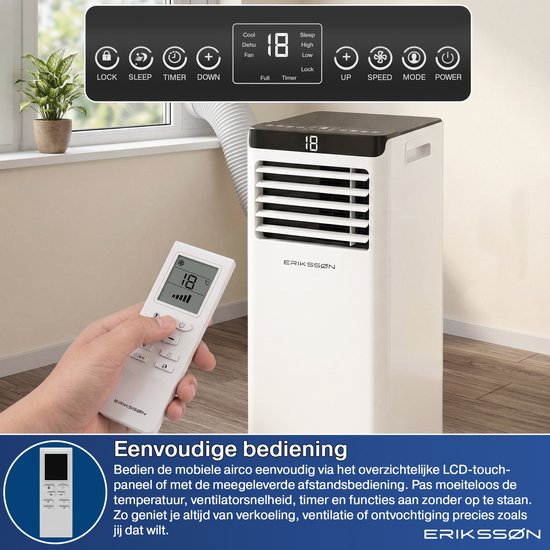 Mobiele airco met afstandsbediening en overzichtelijk LCD-touchpaneel. Eenvoudige bediening van temperatuur, ventilatorsnelheid, timer en functies.