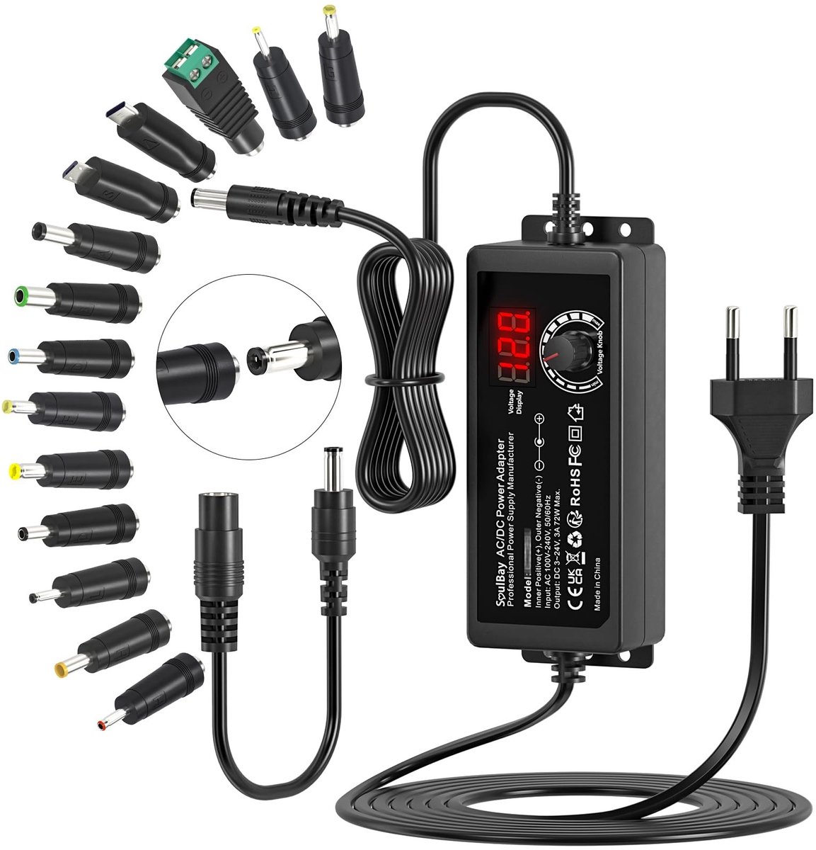 Dailygoody - Universele Voeding - AC/DC-adapter - 72 W - 3-24 V - Oplader met 14 DC tips - Ideaal voor CCTV-camera en ledstrips