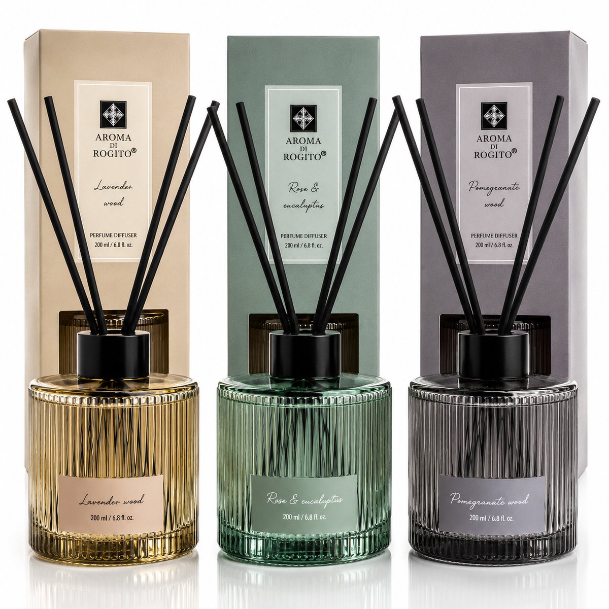 EasyMart Geurstokjes Set 3-Delig – Premium Huisparfum Diffuser Set – 3x 200ml Geurverspreider met Rotan Stokjes – Lavendel, Rose & Eucalyptus, Pomegranate Wood – Luxe Interieur Geur voor Woonkamer, Badkamer & Toilet