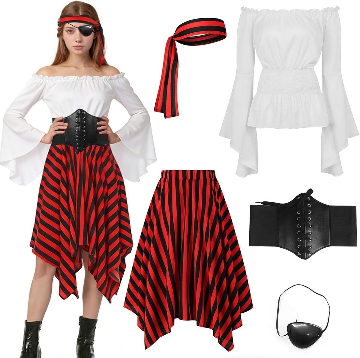 Piratenkostuum voor Dames - Middeleeuwse Piratenjurk Set met Top, Rok, Hoofddoek, Riem en Oogmasker voor Halloween en Carnaval Cosplay