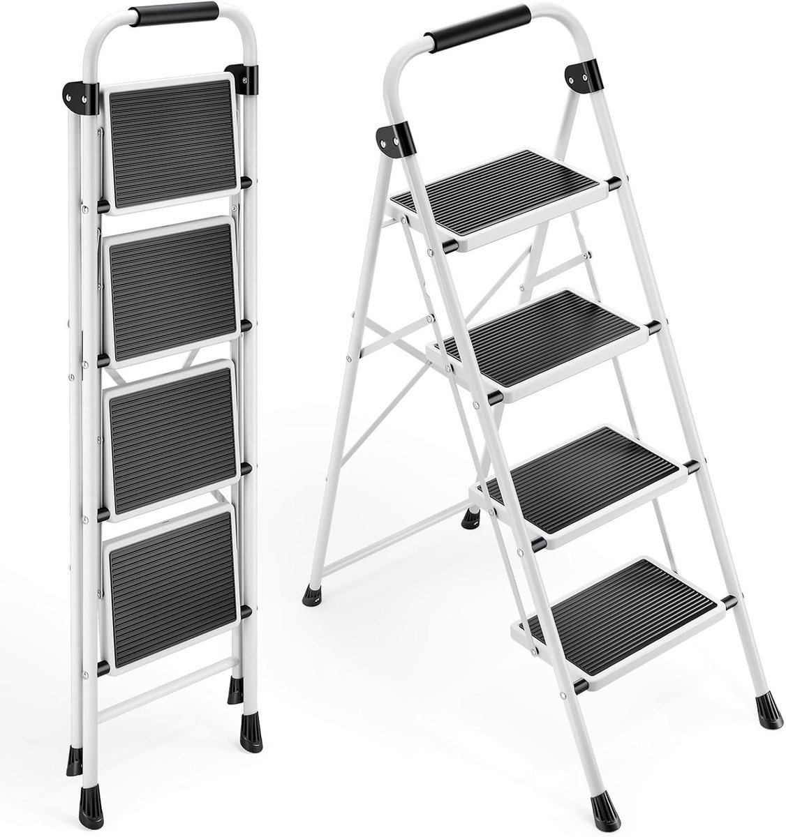Opstapladder 4-traps - Opstapkruk Huishouden - Klusjes Binnenshuis - Met Leuningen - 150 kg Belasting - Wit
