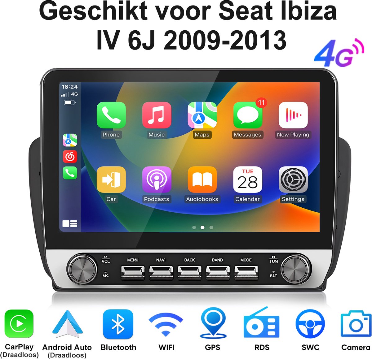 Junsun Android 15 Autoradio Geschikt Voor Seat Ibiza IV 6J（2009-2013） Accessoires, 6GB+128GB, Draadloze CarPlay & Android Auto, DAB+, GPS-Navigatie, Bluetooth, WIFI, 4G, RDS, 10.1-inch Touchscreen, DSP, USB, Octa-core processor