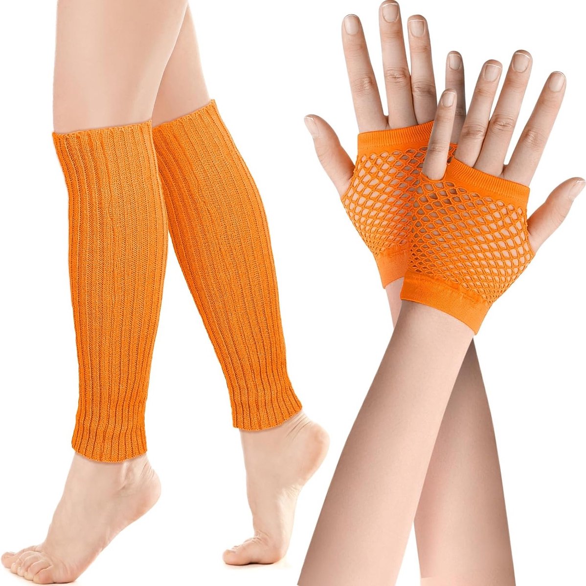 Neon Legwarmers en Net Handschoenen Set voor 80s Kostuumaccessoire - Oranje, One Size, Retro, Feest, Dans