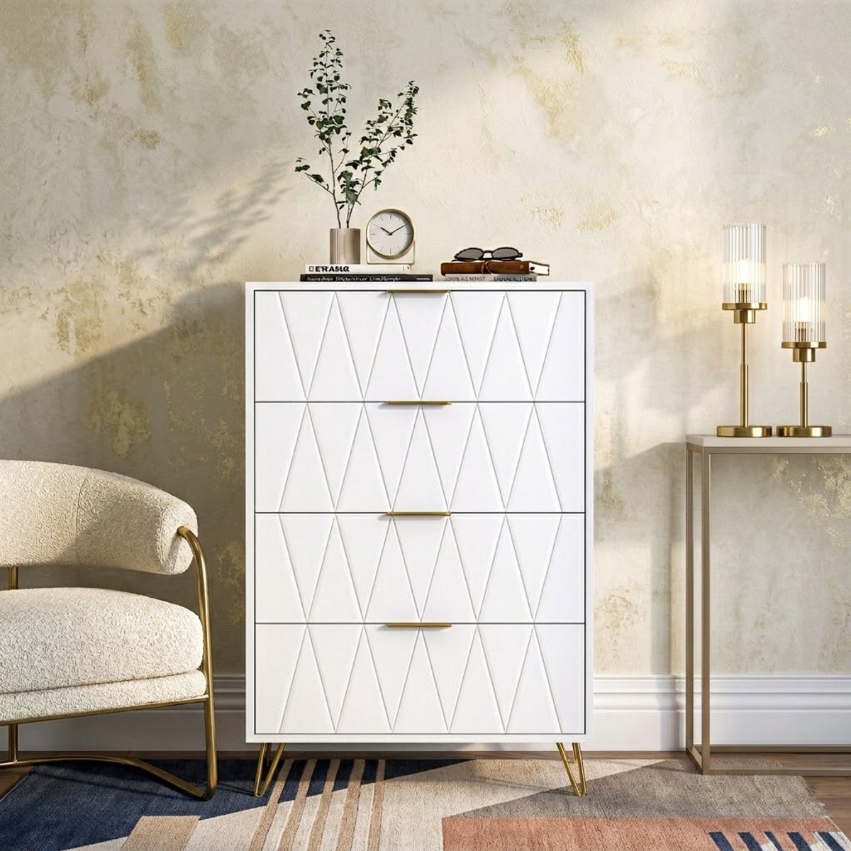 Ladekast met 4 laden, commode met gouden poten en handgrepen, wit dressoir voor slaapkamer, woonkamer of hal, 60 x 34 x 90 cm