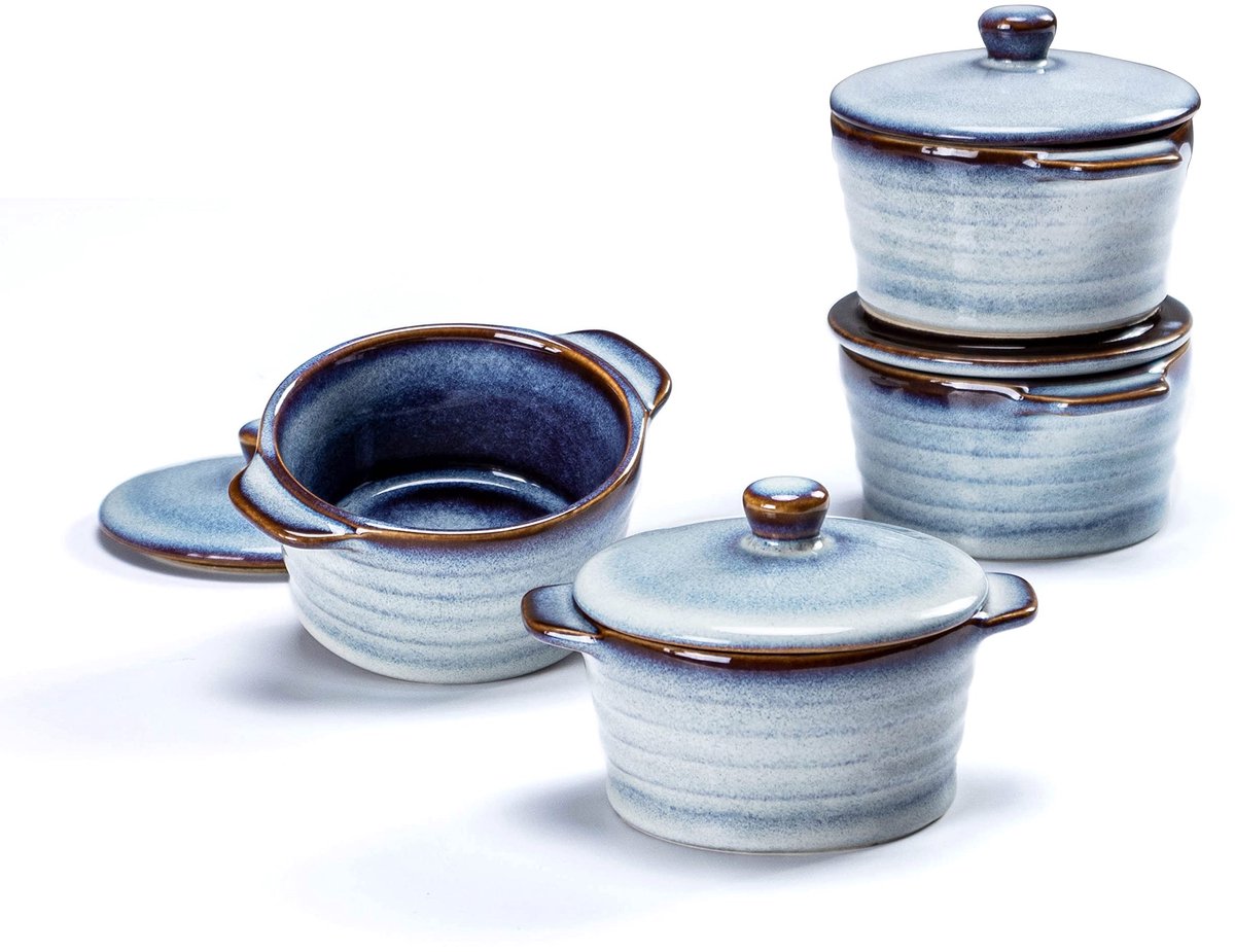 Dailygoody - Mini Cocotte - Ramekins Set - Ovenbestendig - Blauw - Keramiek Schaaltjes - Geschikt voor Soep en Crème Brûlée - 4 Stuks