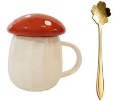 Dailygoody - Paddestoel Mok - Keramische Koffiemok - Met Deksel en Lepel - Bruin - Leuke Thee en Koffiemok - Perfect cadeau voor kinderen