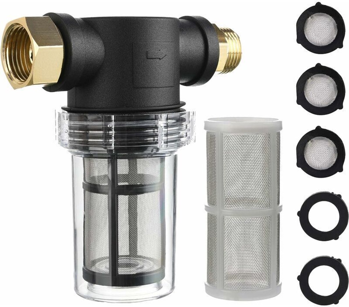 Tuinslangfilter geschikt voor hogedrukreiniger-aansluitingen, met ingebouwd sedimentfilter, verkrijgbaar in 40 mesh en 100 mesh.