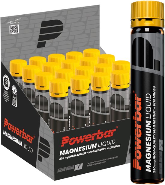 Een doos met 20 Powerbar Magnesium Liquid ampullen, met één ampul voor de doos. Ampullen hebben gele doppen.