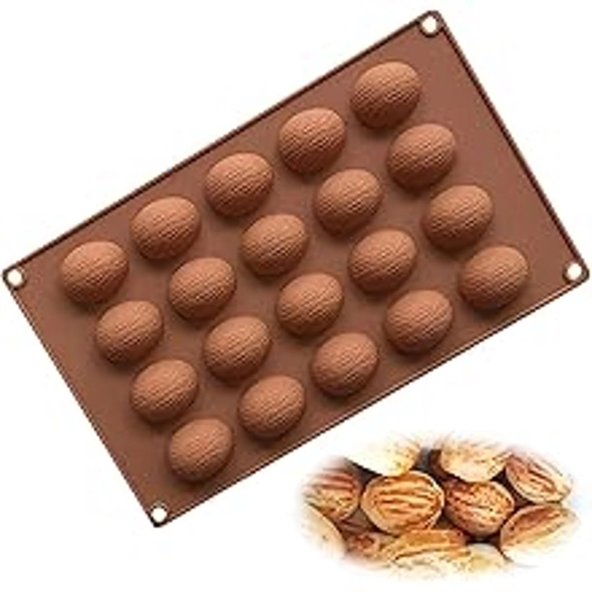 Siliconen vorm met 20 holtes, geschikt voor walnoten, cake en chocolade, pudding en andere lekkernijen, ideaal voor het maken van chocolade, cake, gelei, mousse, enz., perfect voor doe-het-zelfprojecten.