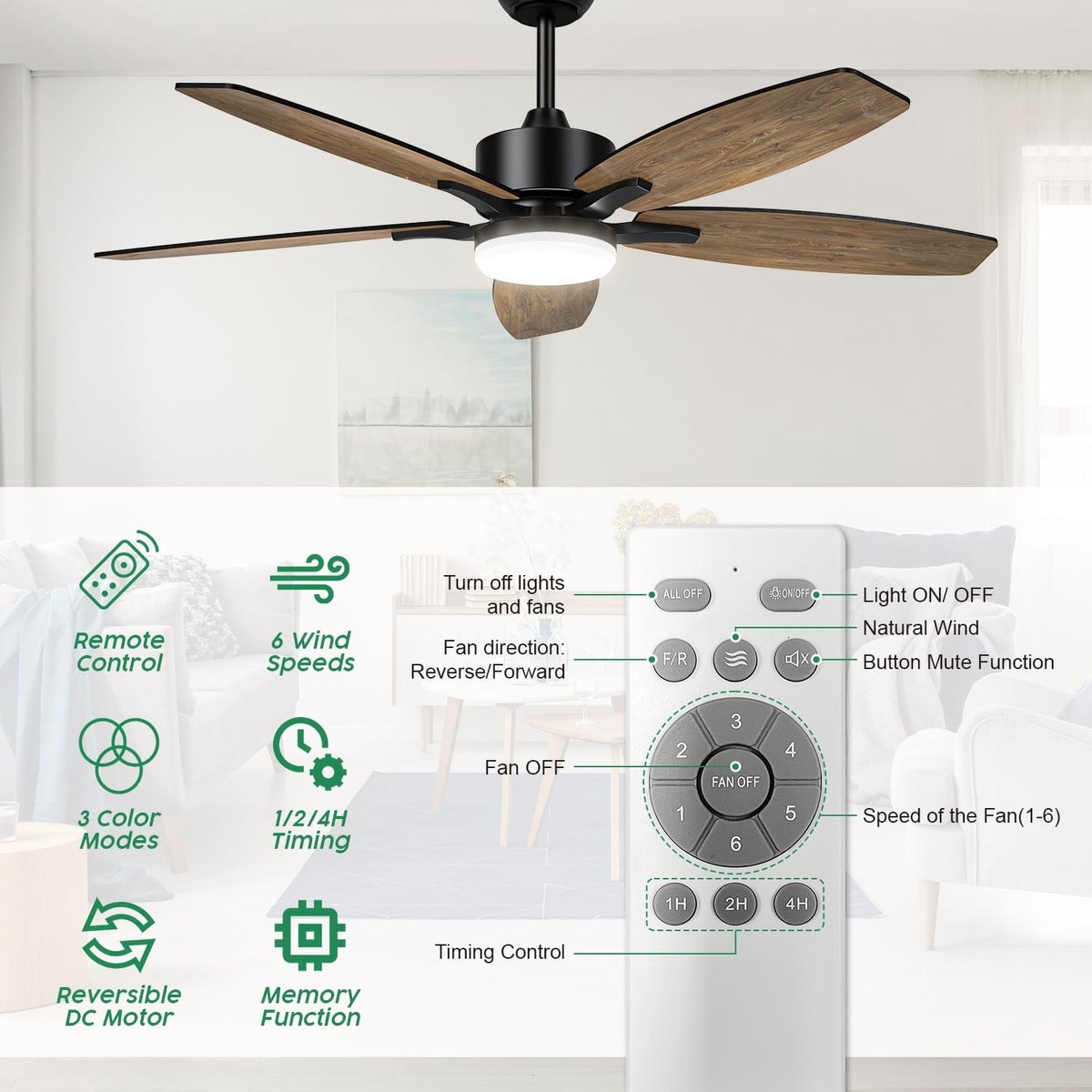 Plafondventilator met verlichting - Met Afstandsbediening - stille ventilator - 106 cm - plafondventilatoren - met 5 houten ventilatorbladen - houtnerf/zwart - voor slaapkamer en woonkamer – foto 2