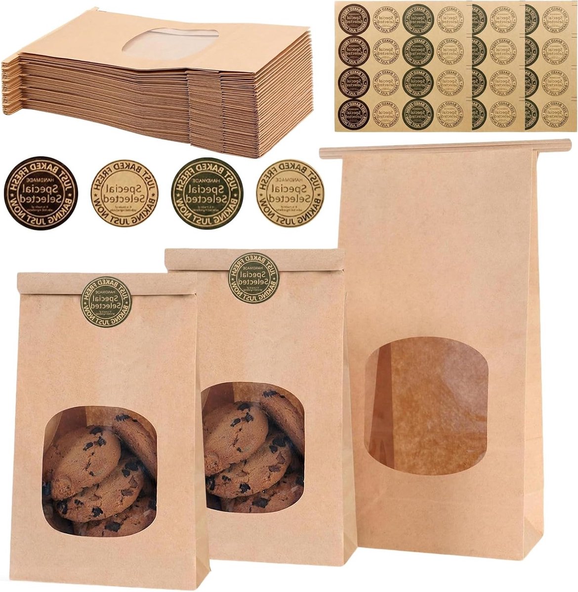 Verpakkingszakken met hersluitbare stickers - 30 stuks, herbruikbare papieren zakken met venster voor snoep, koekjes, noten en gastgeschenken, 17 x 9 x 6 cm