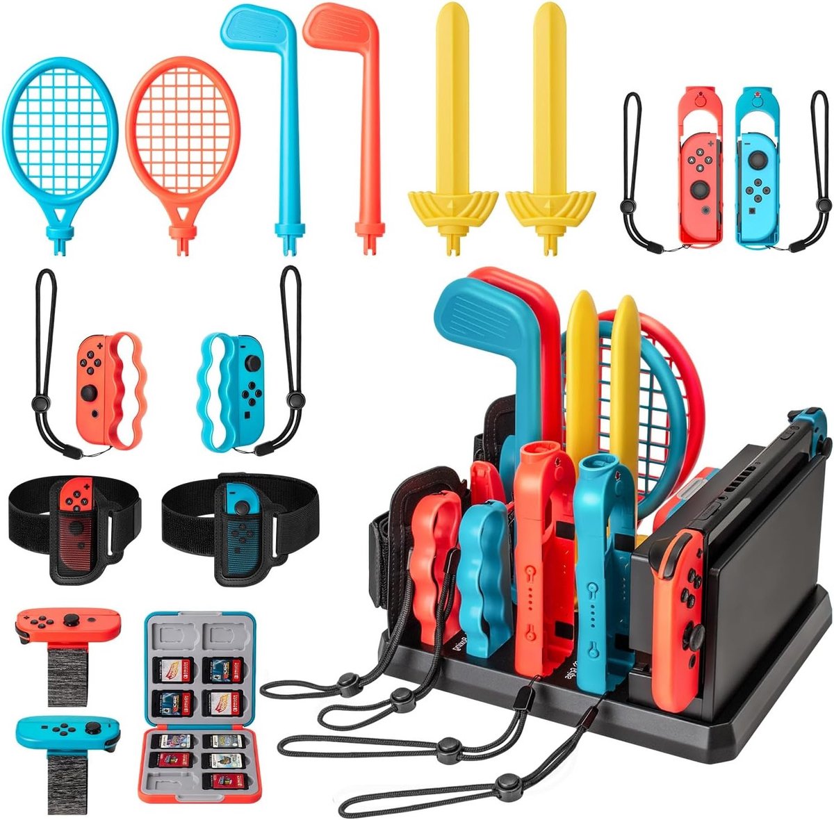 16-in-1 Sport Accessoire Set voor Nintendo Switch en Switch OLED - Inclusief Golf Racket, Badminton Racket, Armbanden en Voetbal Been Strap voor Optimale Game-ervaring