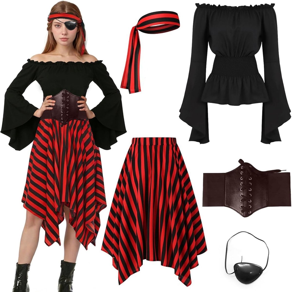 Piratenkostuum voor Dames - Middeleeuwse Piratenjurk met Top, Rok, Hoofddoek, Gordel en Oogmasker voor Halloween en Carnaval Cosplay