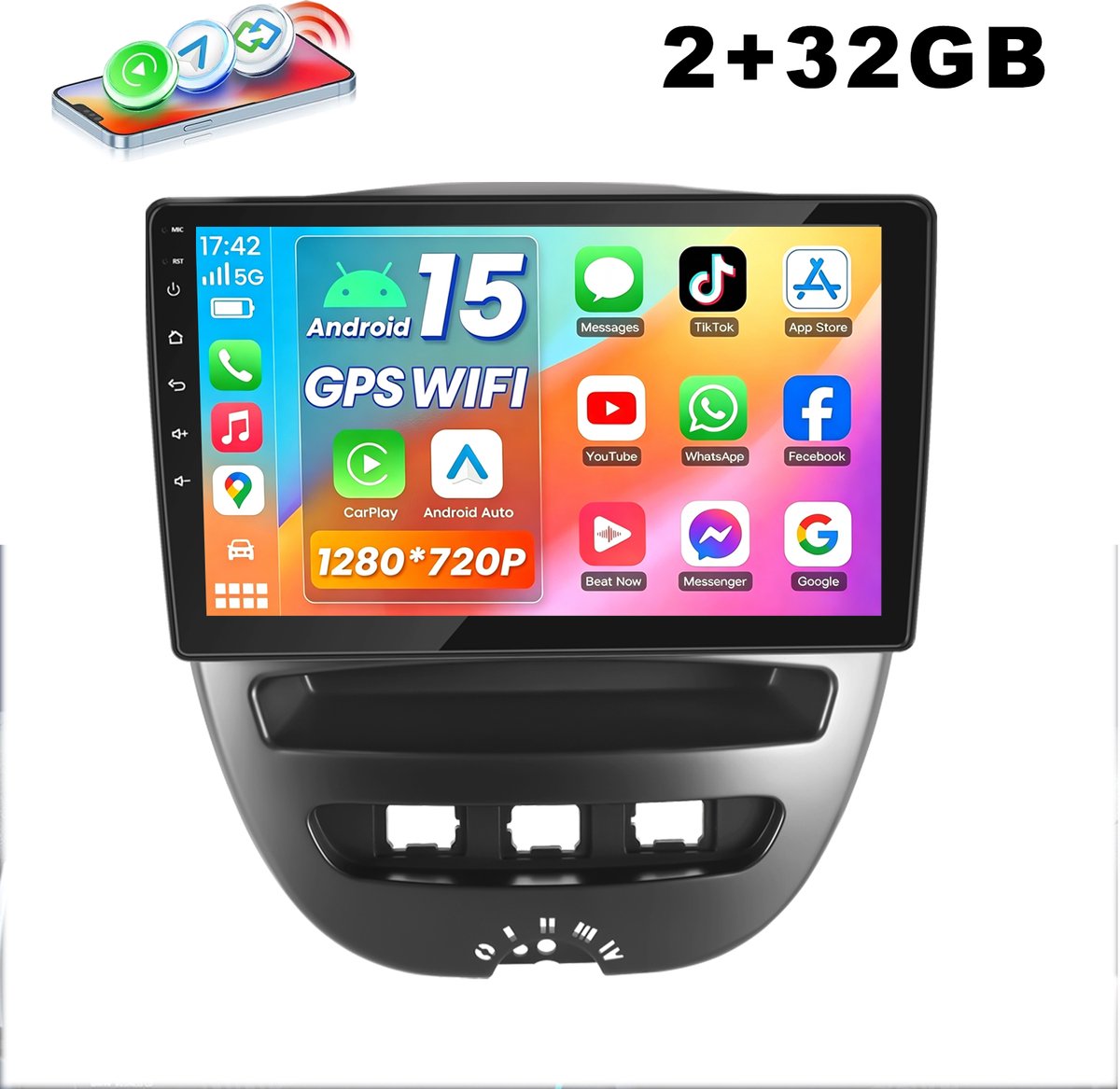 ESSGOO Carplay Autoradio Geschikt Voor Toyota Aygo/PEUGEOT 107/Citroen C1 2005-2014 - Android 15 - Draadloos Apple Carplay & Android Auto - 2GB + 32GB - 4 Core processor - Bluetooth & Wifi GPS Navigatie