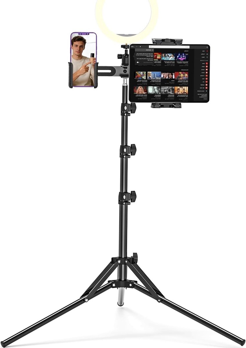 Verstelbare 3-in-1 Tablet Tripod tot 63 Inch, 360° Rotatie voor iPad, Camera en Microfoon, Geschikt voor 4.7-12.9 Inch Tablets