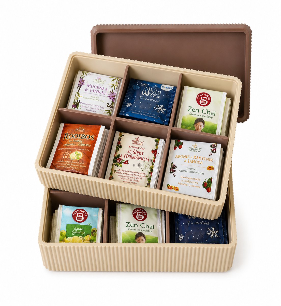 3DBelgie Tea Collection – Theedoos met Vakjes – Theezakjes Organizer – Geribbeld Design – Inclusief Deksel (2 lagen)