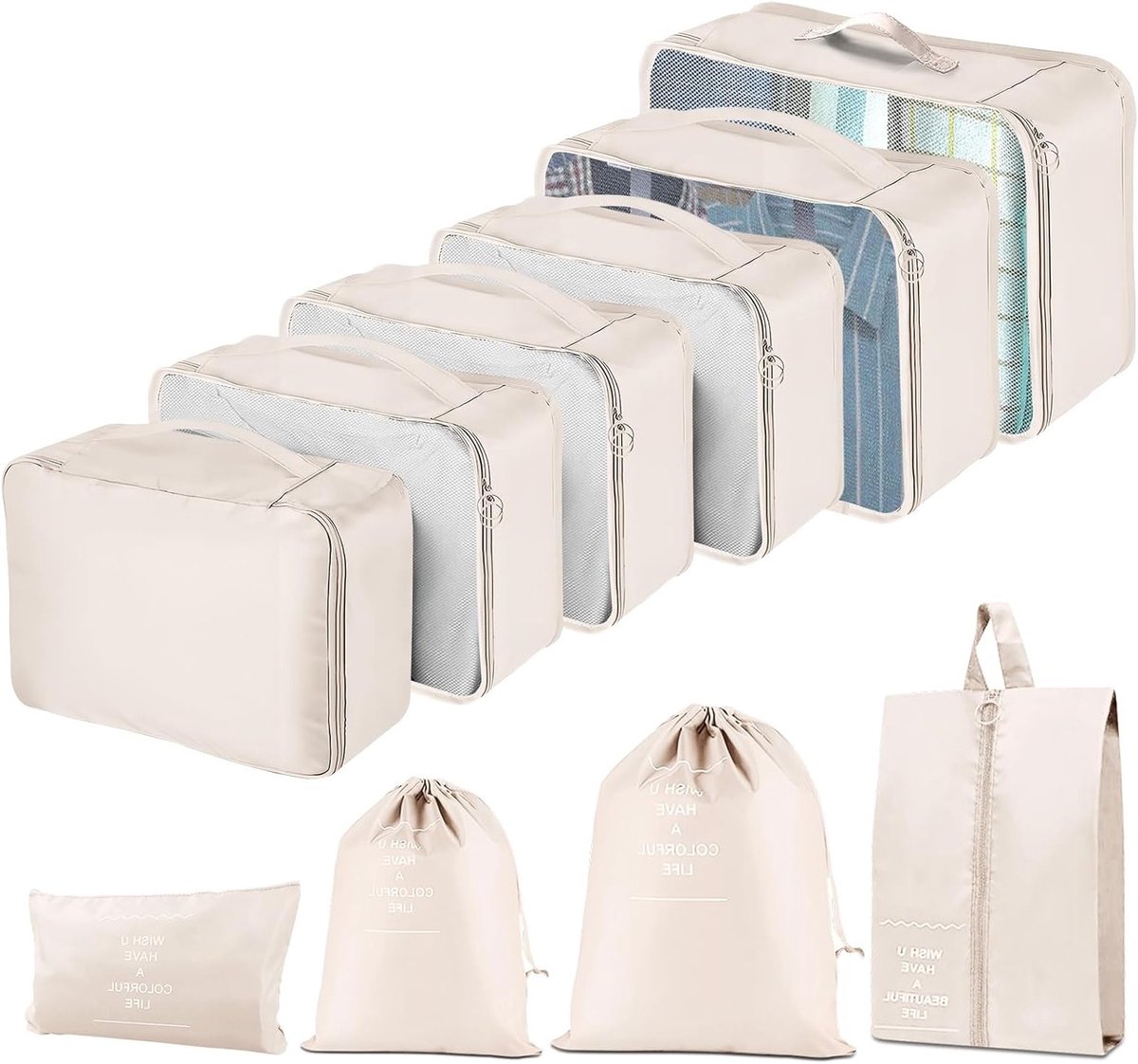 Organizer Set voor Koffers - 10-delige Inpak Cubes, Reisaccessoires en Kledingzakken voor Efficiënt Inpakken en Organiseren van Bagage (Beige)