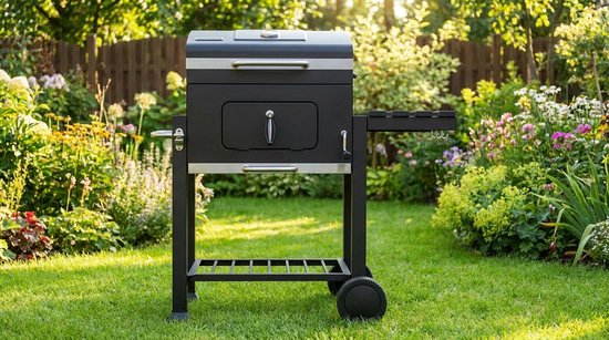 Houtskool BBQ Grillwagen XL - Smoker Barbecue met Deksel & Thermometer - 56x41,5 cm Houtskoolgrill met Warmhoudrooster, Wielen, Zijtafel & Flesopener - Buiten BBQ voor Tuin & Terras - Grijs - House&Garden — afbeelding 5