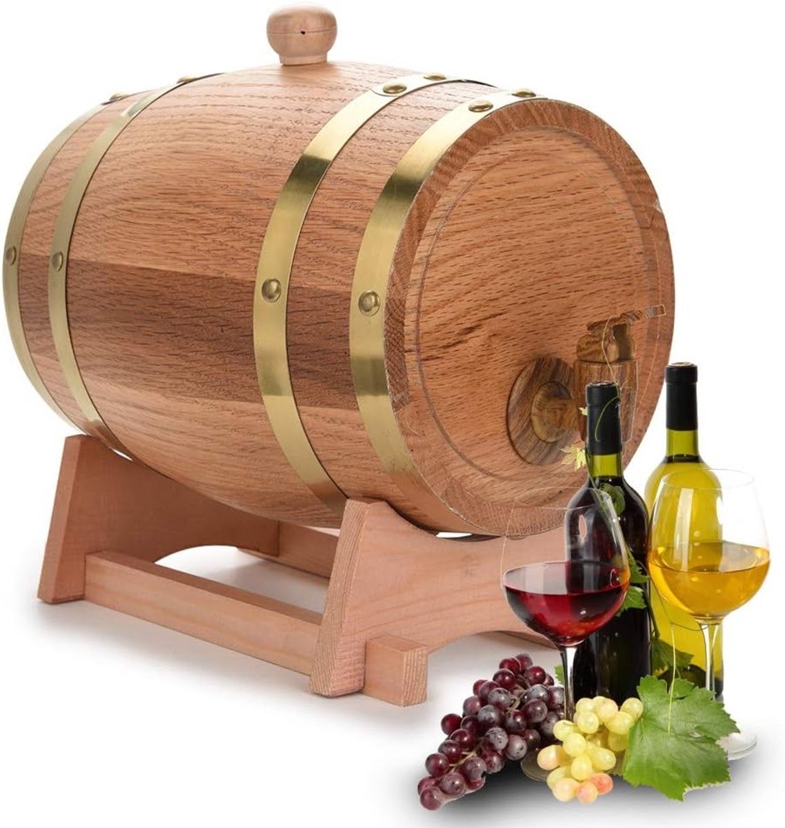 Houten Eiken Whiskey Vaatje Dispenser 3L voor Wijn, Bourbon en Tequila met Bijpassende Stand voor Wijnbarrel Presentatie